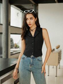 GENKIRA 女性無袖暴露腰間通勤西裝外套 - 黑色 - 查看 7