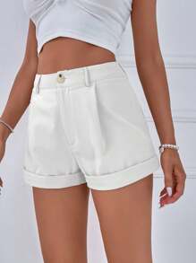 Chiquease Shorts sencillos y diarios para damas de un solo color con dobladillo enrollado - Blanco - Ver 4
