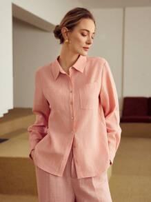 MOTF PREMIUM PURE LINEN SOLID COLOR PATCHWORK POCKET DESIGN LONG SLEEVE SHIRT - Dusty Pink - View 5
