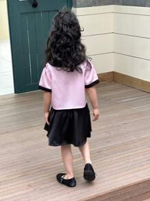 Conjunto de blusa de manga curta com laço e saia preta para meninas, colorblock, para o verão