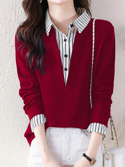 SHEIN Unity 春季条纹拼色二合一长袖休闲衬衫新年衣服