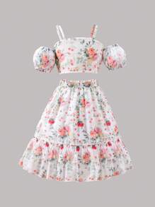 SHEIN Young Girl Fashionable And Elegant Floral Print Sweet Vacation Off-The-Shoulder Top With Ruffled Hem Skirt Two-Piece Set - Multicolor - View 1