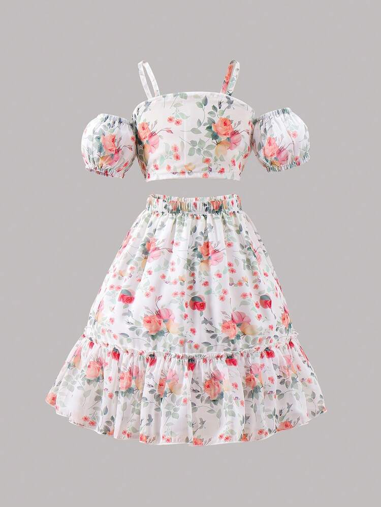 Young Girl Fashionable And Elegant Floral Print Sweet Vacation Off-The-Shoulder Top With Ruffled Hem Skirt Two-Piece Set