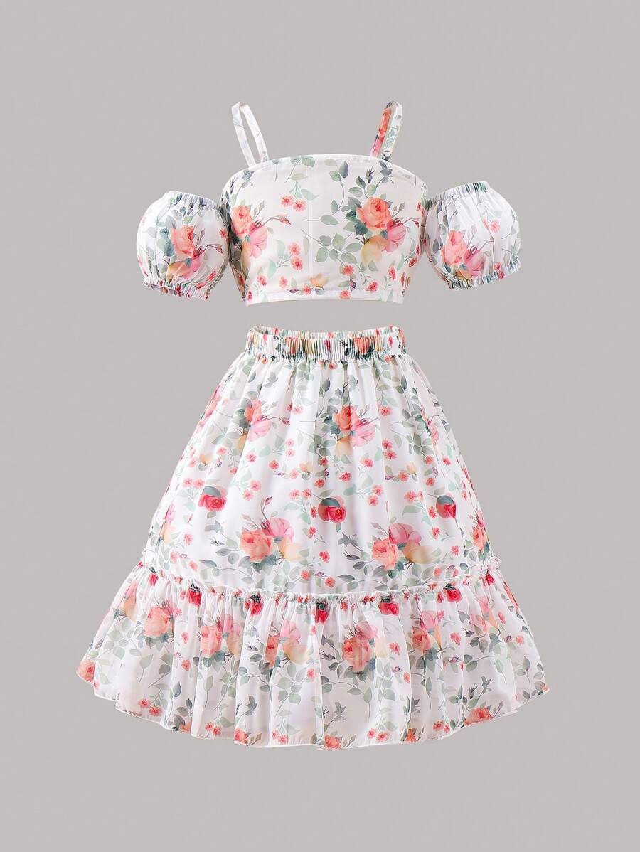 SHEIN Young Girl Fashionable And Elegant Floral Print Sweet Vacation Off-The-Shoulder Top With Ruffled Hem Skirt Two-Piece Set - Multicolor - View 1