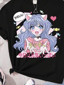 SHEIN Sparklyn Teen Girl Summer Round Neck Short Sleeve Casual T-Shirt With Letter & Cartoon Character Print,Holiday,Travel - Black - View 5