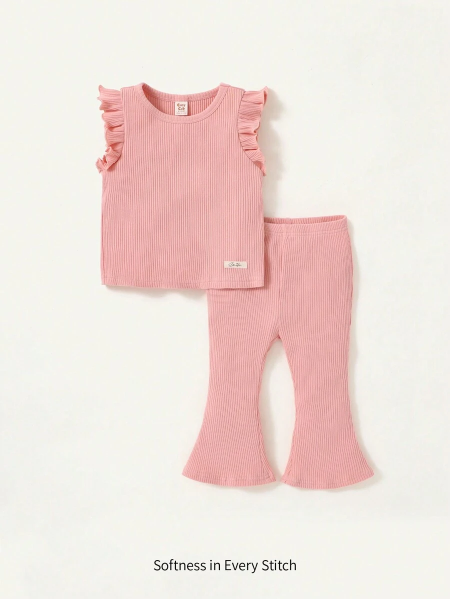 Cozy Pixies Baby Girl's Ruffle Trimmed Patched Top & Flare Pants Set With Round Neckline Matching Set - Pink - View 1