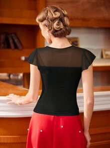 Vintamour Mesh Panel Ruffle Sleeve Round Neck Tee With Tie Summer Clothes Old Money Aesthetic Women Tops Teacher Tops Crew Neck Valentine Day Summer Bow Crop Tops Going Out Tops Women Birthday Outfits For Women Business Casual Woman Valentine's Day Cute Tops Lace Top Tops Valentine Day Summer Outfits For Women