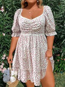 Flirla Plus-Size Bubble-Sleeve Dress With Floral Print And Ruffled Hem For Vacation - White - View 6
