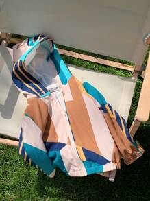 SHEIN Baby Girl Casual Geometric Pattern Hooded Wind Jacket With Lining - Multicolor - View 1