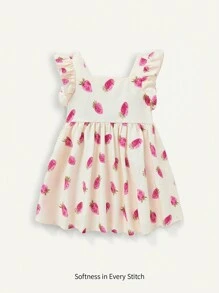 Cozy Pixies Vestido sin mangas para bebé niña con estampado de fresas, adornado con volantes y cintura ceñida