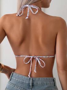 Swim Mod Summer Beach Floral Printed Halter Tie Back Bikini Top - Multicolor - View 2