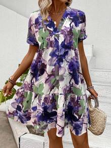 SHEIN LUNE Summer Floral Print Short Sleeve Vacation Dress - Multicolor - View 5
