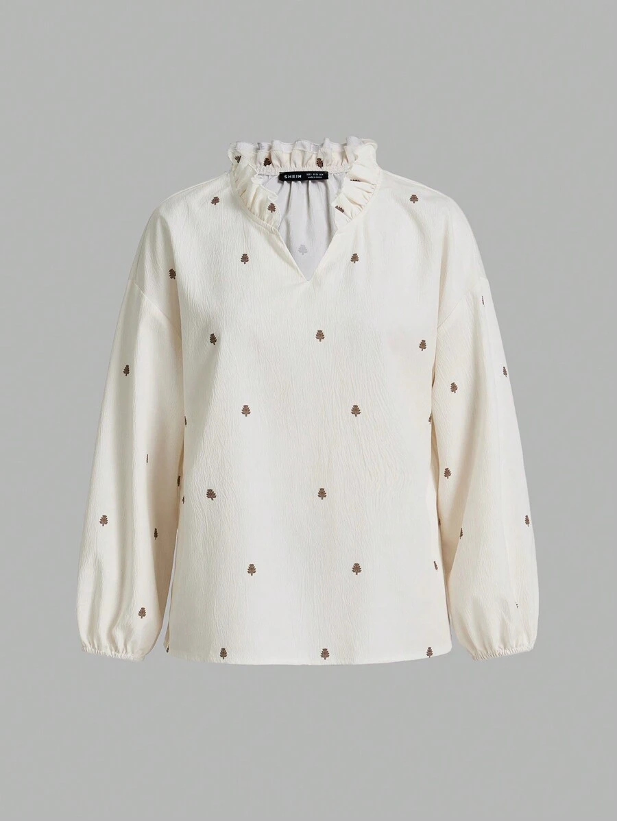 Chiquease 春季日常休閒燈籠袖襯衫,具有刺繡和紋理細節 - 杏色 - 查看 1