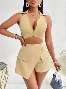 Women'S  Sexy Solid Color Deep V-Neck Zipper Top & Skort Biker Set - Khaki - View 5