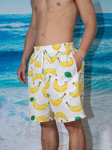 Surfspeed Men Banana Pattern Drawstring Beach Shorts For Summer Vacation - Yellow - View 3