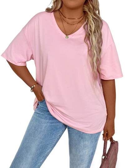 EMERY ROSE Plus Size Women's Solid Color V-Neck Batwing Sleeve Casual T-Shirt For Summer