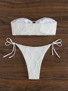 SHEIN Swim 夏季纹理露肩比基尼套装（分体式泳裤） - 白色 - 查看 6