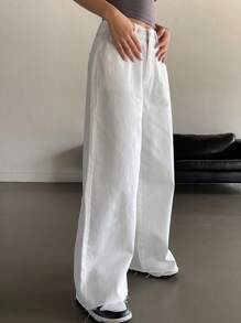 DAZY Solid Color Wide Leg Jeans With Slanted Pockets And Frayed Hems, Suitable For All Seasons