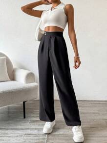 Flirla Ladies" Solid Color Simple Daily Office Suit Pants - Black - View 5