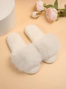 Fall/Winter Fashionable Women's Comfortable And Beautiful Flat Slipper With Open Toe And Fur Detail, For Indoor Home Use In Spring And Autumn, White,Fluffy Slippers - White - View 5