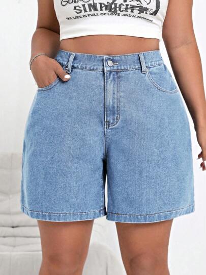 SHEIN ICON Plus Size Women's Loose Fit Denim Shorts With Pockets