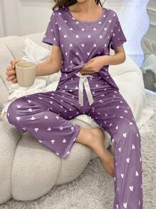 Heart Print Bowknot Decor Short Sleeve Top And Long Pants 2pcs Sleepwear Set Pajama Set Bow Tie - Violet Purple - View 1