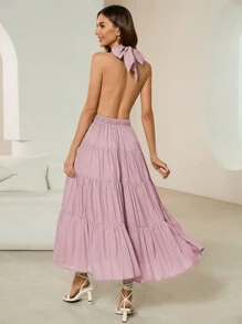 GENKIRA Vestido De Mujer Con Cuello Halter Y Dobladillo Con Volantes En unicolor Y Espalda Abierta - Rosa - Ver 2