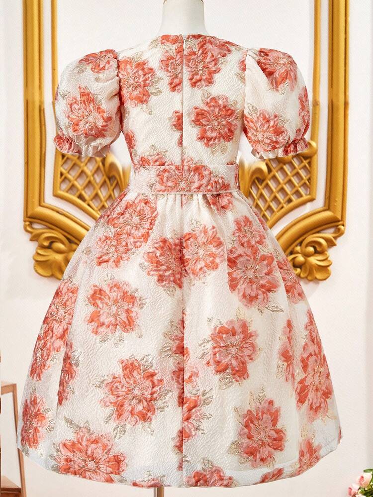 Tween Girls' European Style Vintage Heavy Duty Party Elegant Princess Dress With Floral Print
