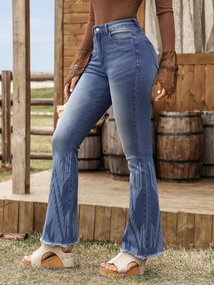 Positioning Print Fringed Hem Flared Jeans