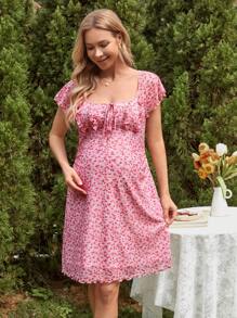 SHEIN Maternity Romantic Garden Square Neck Short Sleeve Short Length Bodycon Dress