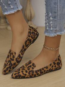 Plus Size Pointed Toe Fashionable European And American Style Leopard Print Flat Shoes, Outdoor Daily Wear New Arrival Shallow Slip-On Women Work Flat Shoes For Spring And Autumn Season - Nhiều màu - Xem 2