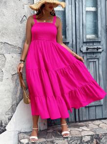 Breezaya Plus Size Solid Color A-Line Swing Cami Dress Maxi Women Outfit - Hot Pink - View 3
