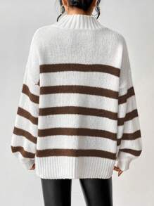 SHEIN Essnce Women's Fall/Winter Striped Drop Shoulder Wide Sleeve Loose Sweater With Stand Collar Knit Pullover