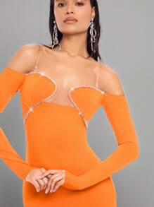 SHEIN BAE 橙色精緻的鑽石裝飾露肩和胸前透視分裂迷你優雅派對禮服 - 橘色 - 查看 5