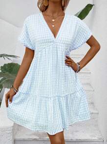 EMERY ROSE Women V-Neck Plaid Vacation Style Short Sleeve Dress