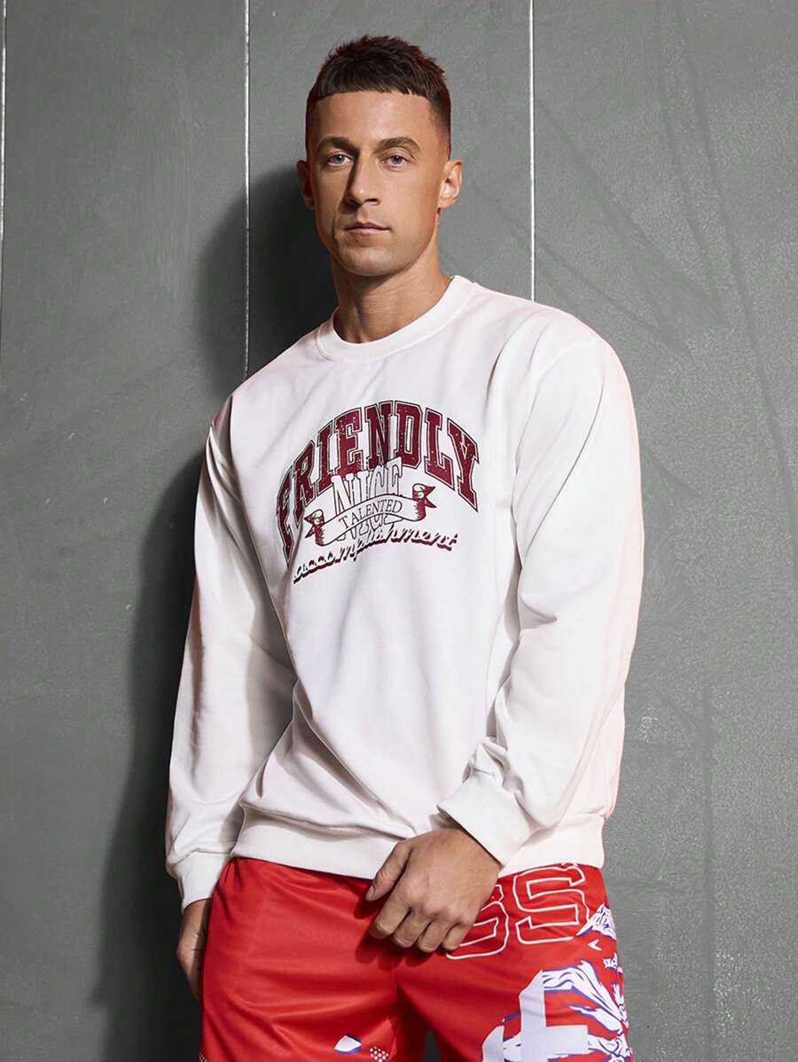 Manfinity Athleisure Boyfriend Style Men's Letter Printed Round Neck Sportswear Sweatshirt Boyfriend Style Men Sweatshirt - White - View 1