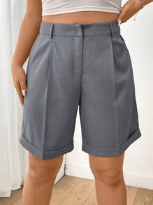 Flirla Kích thước lớn Của phụ nữ Mùa hè Màu thuần Xếp li Giải trí Quần short - Xám - Xem 4