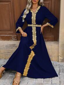 SHEIN Unity 春季刺绣编织腰带 V 领收腰长袖连衣裙超长女装 - 藏蓝色 - 查看 6