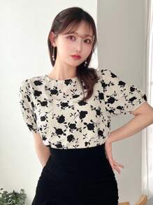 FRIFUL Summer Casual Floral Print Short Sleeve Holiday Shirt With Round Neck,Short Sleeve Tops Easter - Apricot - View 1
