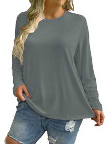 EMERY ROSE Damen T-shirt In Übergröße Mit Rundhalsausschnitt, Einfarbig, Langärmelig