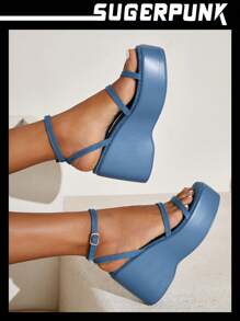 Sugerpunk Xăng đan đế xuồng tối giản cho nữ, Xăng đan thời trang có dây đeo mắt cá chân denim - Màu xanh lam - Xem 8