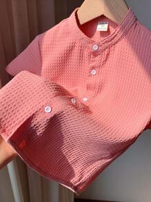 SHEIN 男童韓國風格威化紋理純色立領短袖休閒襯衫 - 粉色 - 查看 3