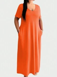 Calvaya Vestido Casual De Manga Corta De Talla Grande De Color Sólido Minimalista Con Diseño De Bolsillo Para Primavera Y Verano - Naranja - Ver 1