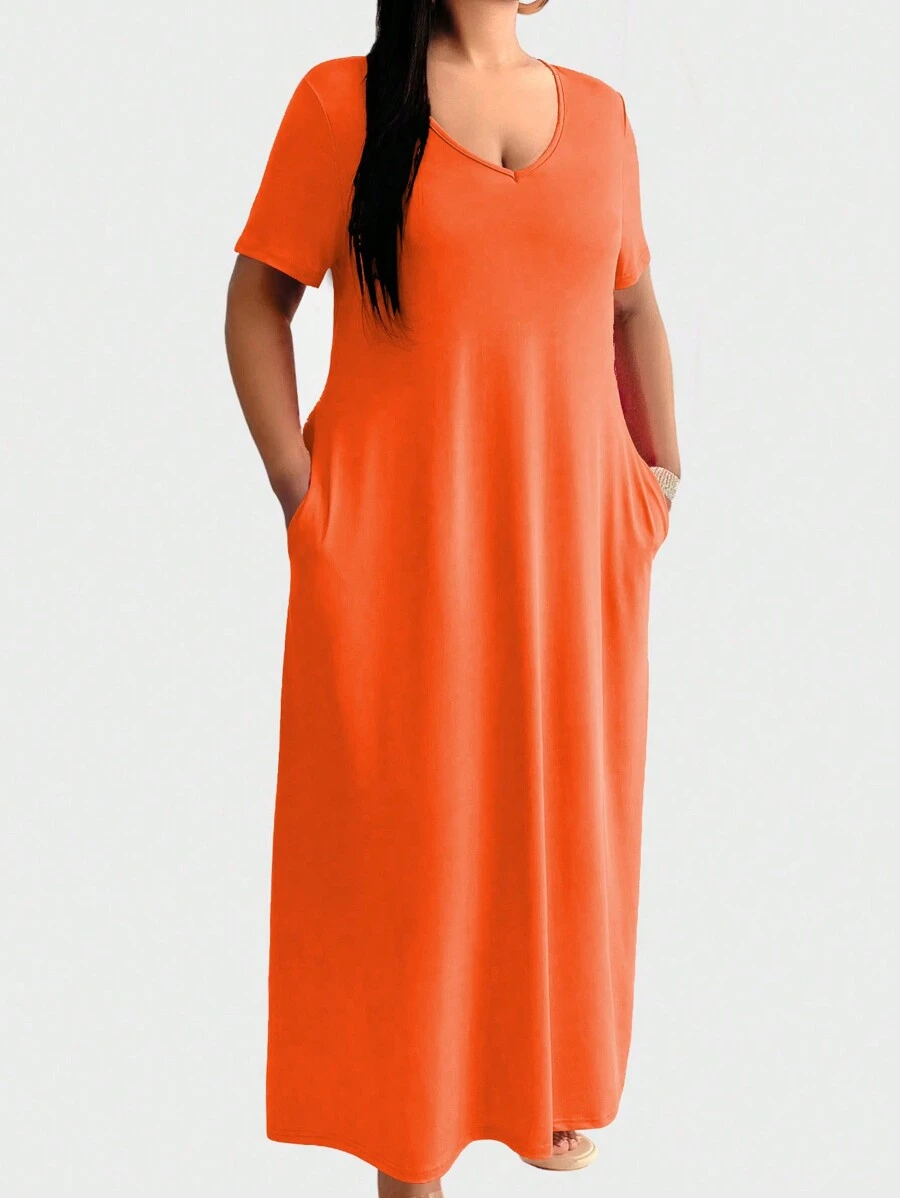 Calvaya Vestido Casual De Manga Corta De Talla Grande De Color Sólido Minimalista Con Diseño De Bolsillo Para Primavera Y Verano - Naranja - Ver 1