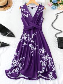 SHEIN Clasi Printed Summer Short Dress With Cinched Waist Blue Dress,Summer Dresses For Women,Lavender Dress - Purple - View 7