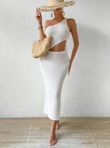 SHEIN Swim Summer Beach Women Hollow Out Waist-Baring Off Shoulder Solid Knitted Cover Up