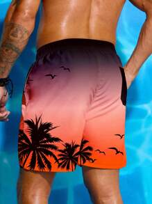 Manfinity Swimmode Men's Palm Tree Print Waist Drawstring Beach Shorts,Hawaiian