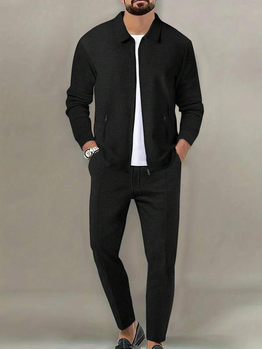 Manfinity Homme Bộ đồ nam rộng rãi, màu trơn, thường ngày, 2 món, trang phục mùa thu - màu đen - Xem 1