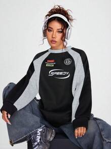 Coolane Letter Graphic Colorblock Raglan Sleeve Grey Sweatshirt - Grey - View 1