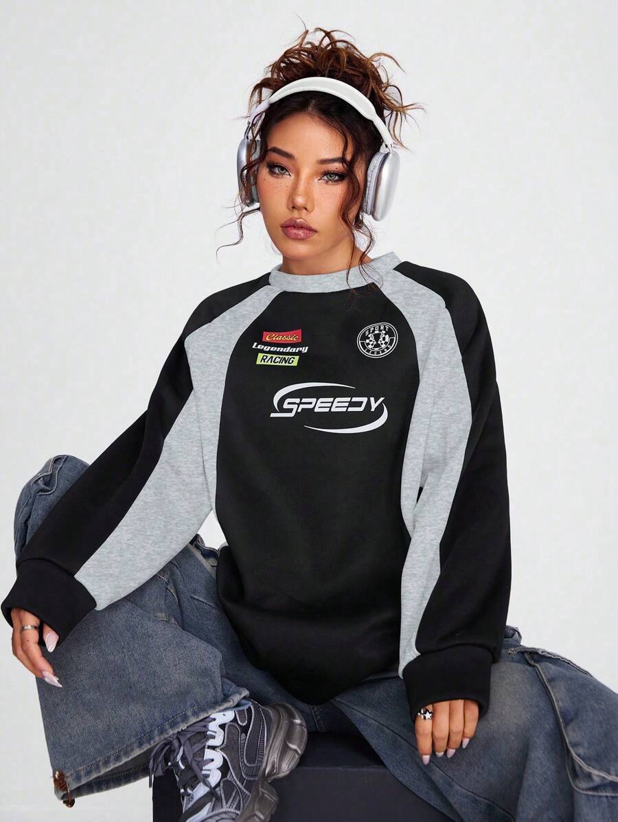 Coolane Letter Graphic Colorblock Raglan Sleeve Grey Sweatshirt - Grey - View 1